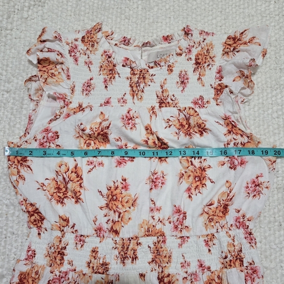 LOFT Floral Smocked Waist Tiered Dress Size Large White Orange Ruffle Cap Sleeve - Picture 12 of 14